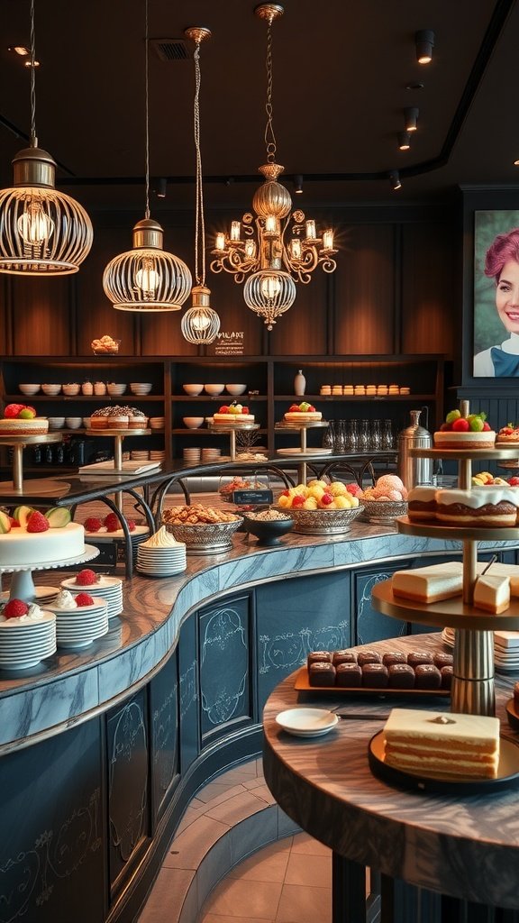 An elegant dessert bar with a variety of cakes, pastries, and fruits, beautifully displayed under soft lighting.