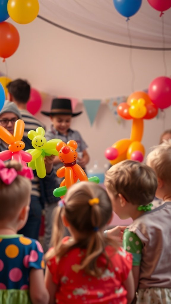 Children watching a balloon artist create balloon animals at a birthday party.