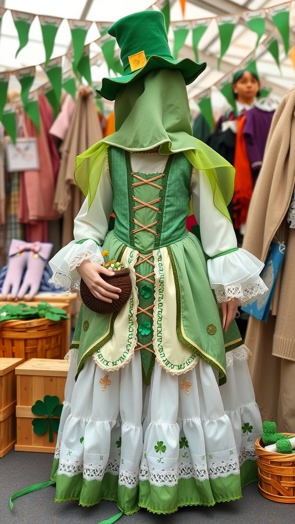 A green fairytale costume with a long skirt and a tall hat, perfect for St. Patrick's Day celebrations.