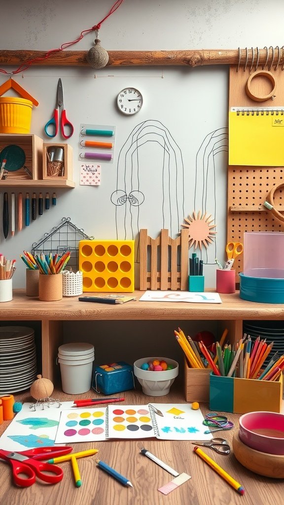 A colorful DIY craft station with various art supplies like scissors, paints, markers, and paper.