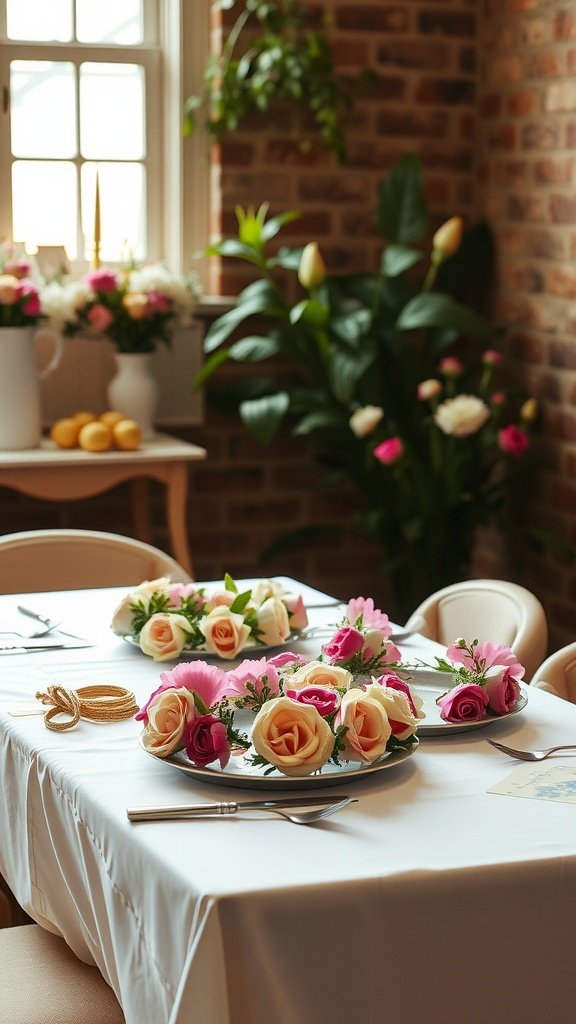 DIY Flower Crown Station with flower crowns and crafting supplies on a table