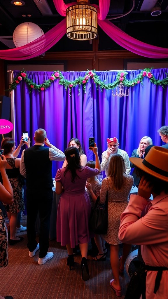 A vibrant DIY photo booth setup at a bridal shower with guests taking pictures.