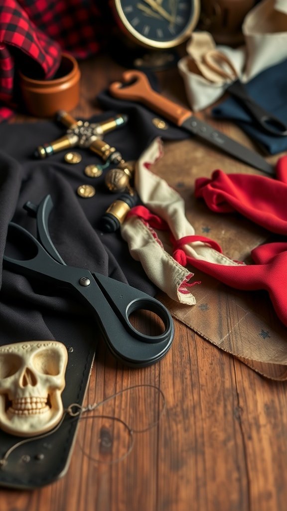 A collection of materials and tools for making a pirate costume, including scissors, fabric, and accessories.