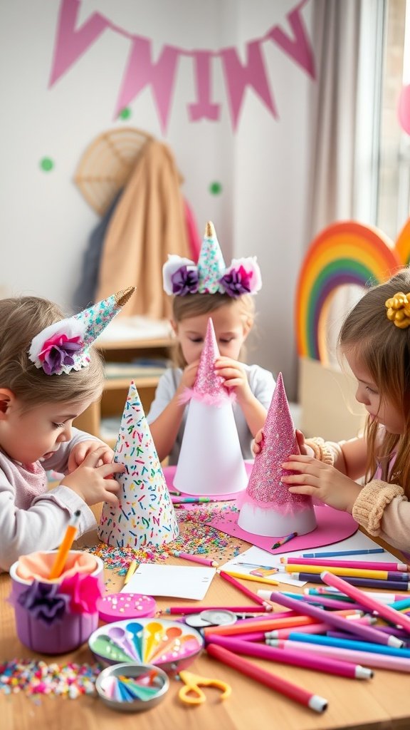 Kids making colorful DIY unicorn party hats with crafts supplies