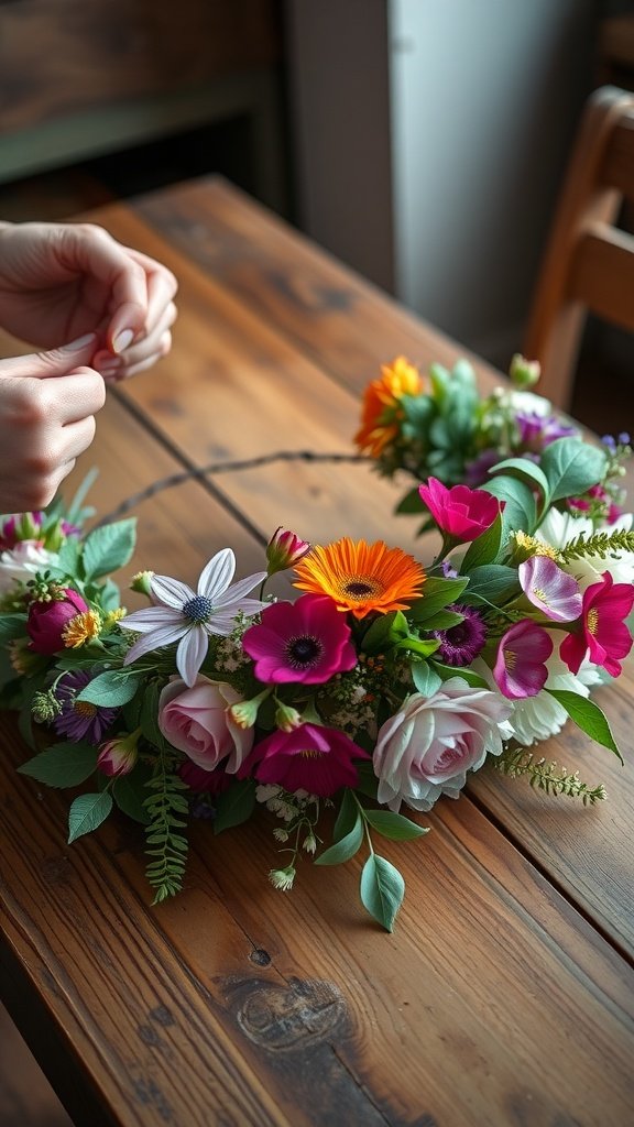 A person assembling a colorful wildflower crown on a wooden table.