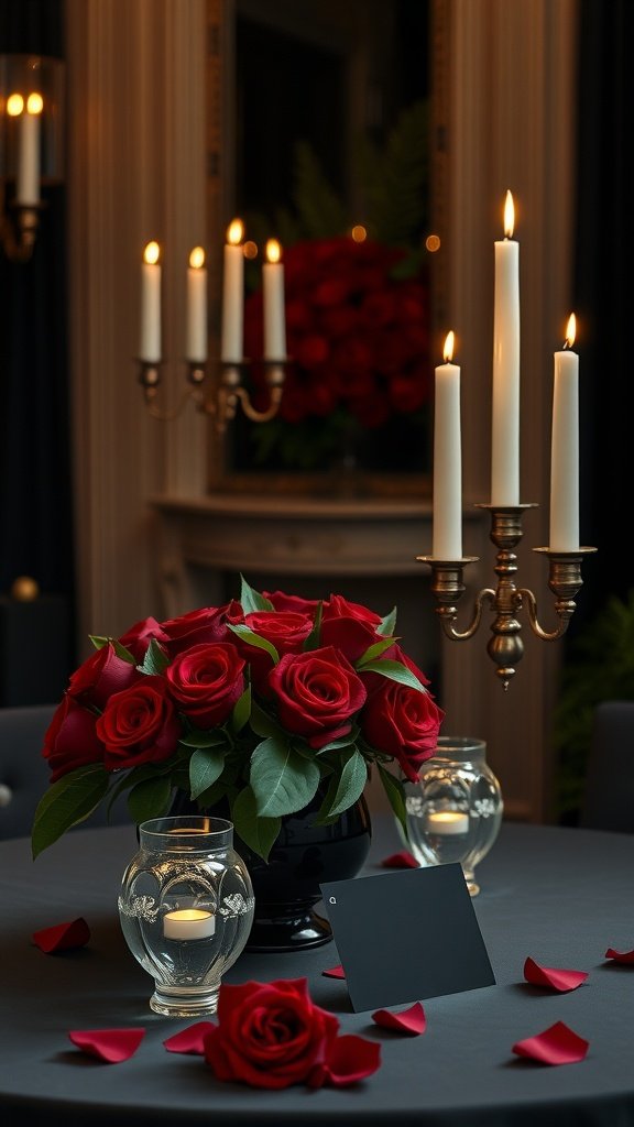 A dramatic wedding table setting featuring red roses, candles, and a black tablecloth.