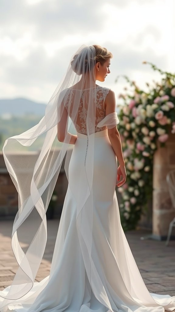 A bride in a romantic wedding dress with a sheer overlay and veil, standing in front of floral decorations.