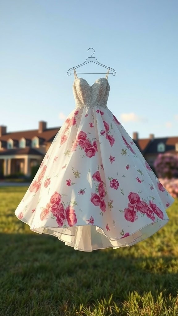 A romantic wedding dress with pink watercolor floral patterns, hanging outdoors.