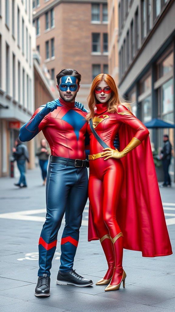 A couple dressed as superheroes, standing confidently in a city alleyway, showcasing their colorful costumes.