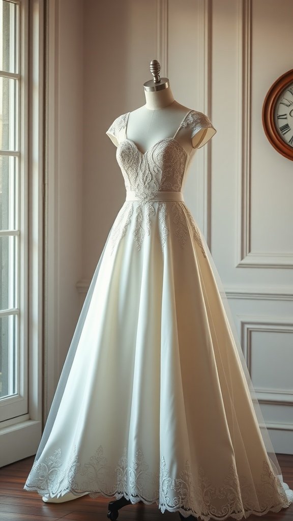A romantic A-line wedding dress displayed on a mannequin, featuring a fitted bodice with lace details and a flowing skirt.