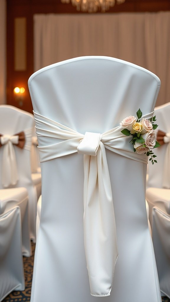 Elegant white chair with a satin bow and floral decoration