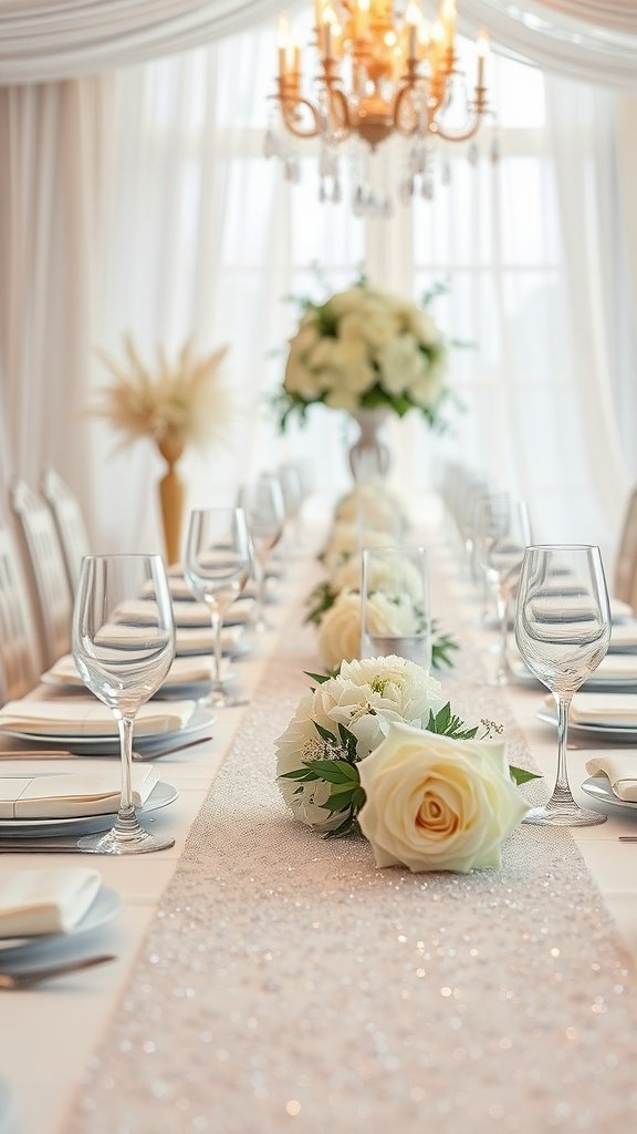 A romantic wedding table setting with crystal accents, featuring a long table with white flowers, elegant glassware, and a chandelier overhead.