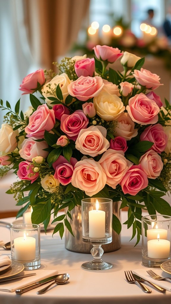 A beautiful floral centerpiece featuring pink and white roses with candles on an elegantly set table.