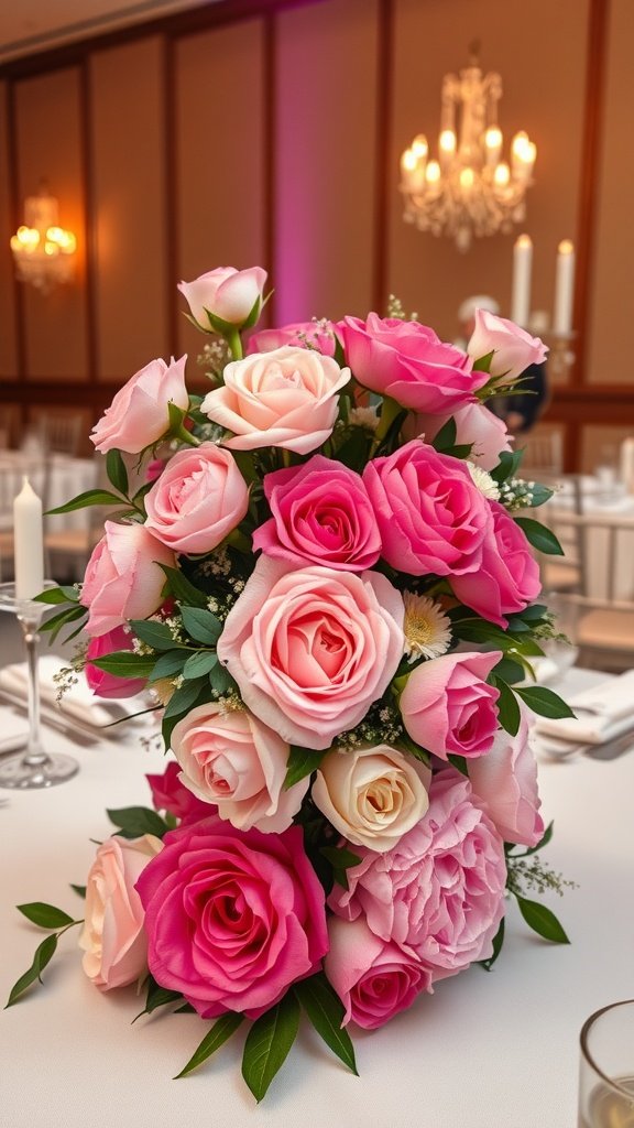 A beautiful arrangement of pink and white roses as a centerpiece at a bridal shower.