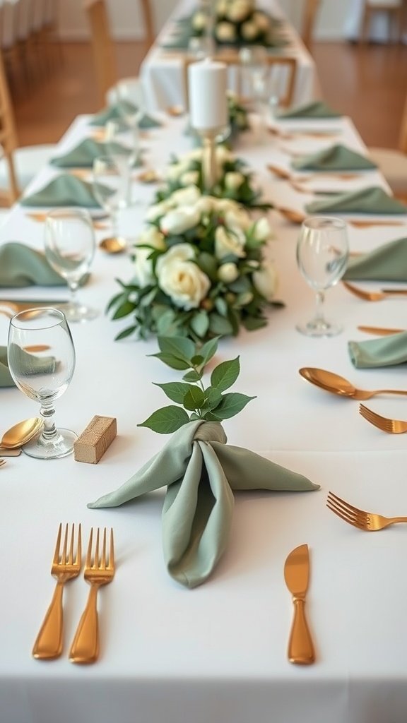 Table set for a wedding featuring sage green and gold elements with floral centerpiece