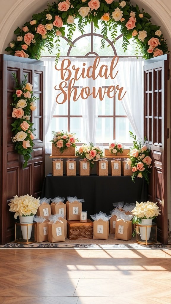 A beautifully arranged bridal shower favor display with floral decorations and wrapped gifts.