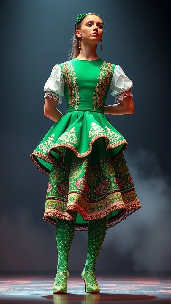 A young woman in elegant green Irish dance attire, showcasing a detailed dress with lace accents and matching accessories.