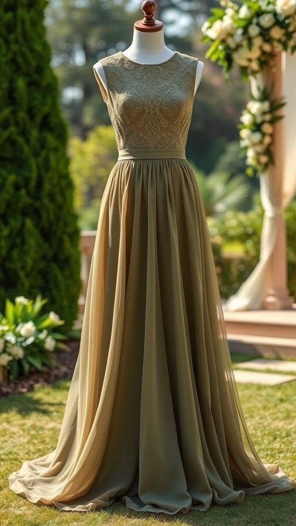 Olive green dress with a lace overlay displayed on a mannequin in a garden setting.