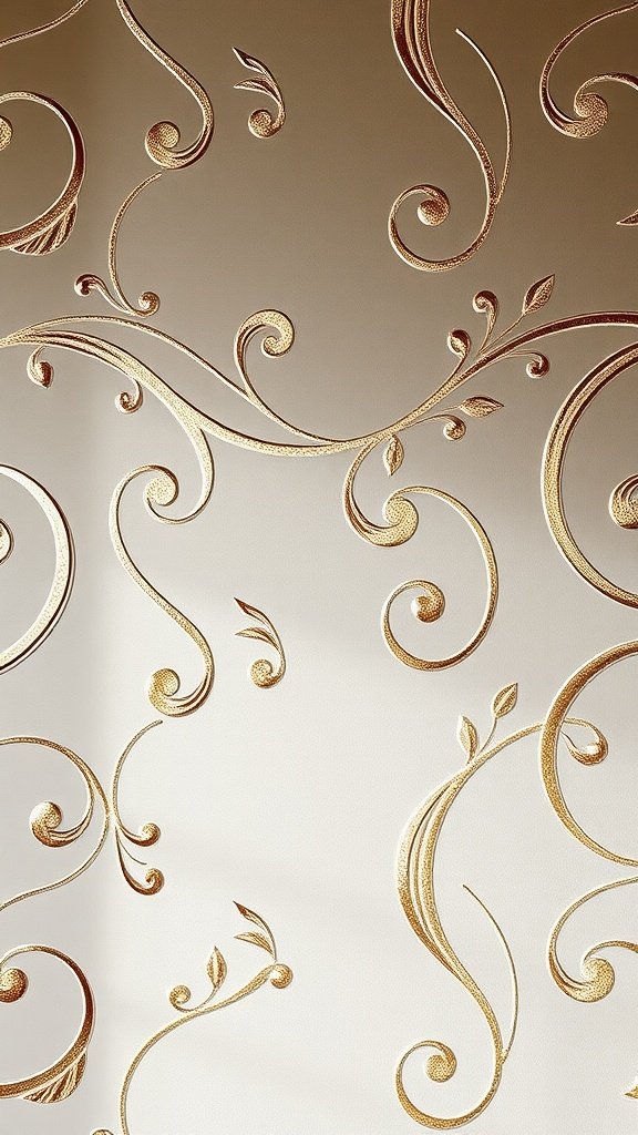 35 Stunning Wedding Wallpaper Ideas to Transform Your Venue Elegant wallpaper design featuring metallic gold swirls and leaves.