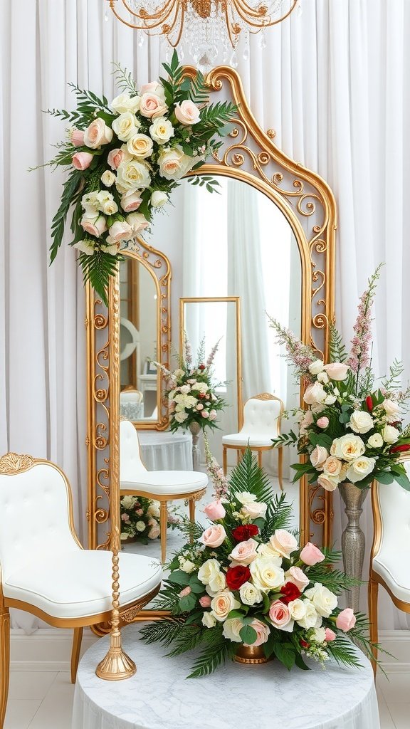 A beautifully arranged wedding decor featuring an ornate golden mirror with floral accents and elegant seating.