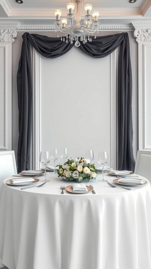 A beautifully set wedding table with a white tablecloth, floral centerpiece, glassware, and elegant decor.