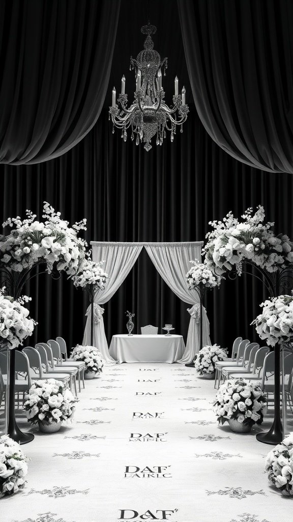 35 Stunning Wedding Wallpaper Ideas to Transform Your Venue A monochrome wedding setting featuring a chandelier, floral arrangements, and a decorated aisle.