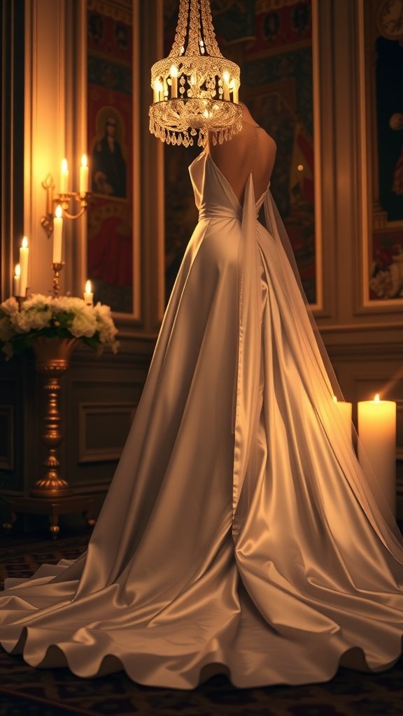 A stunning satin wedding dress illuminated by a chandelier and candles, showcasing elegance and romance.