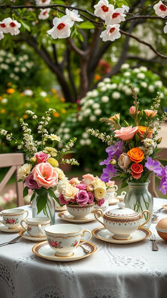 A beautifully set table for an elegant tea party with floral arrangements and fine china.