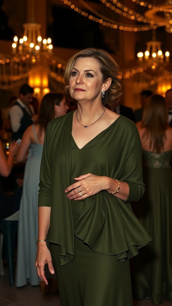 A woman in an olive green dress with an elegant wrap at a nighttime wedding event.