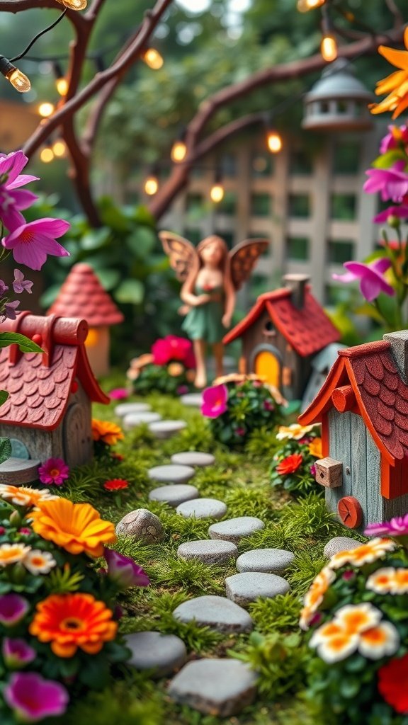 A whimsical fairy garden scene with colorful flowers, tiny houses, and a fairy figurine.