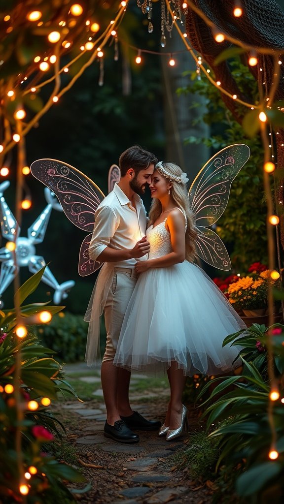 A couple dressed as fairies with wings, surrounded by lights and flowers.
