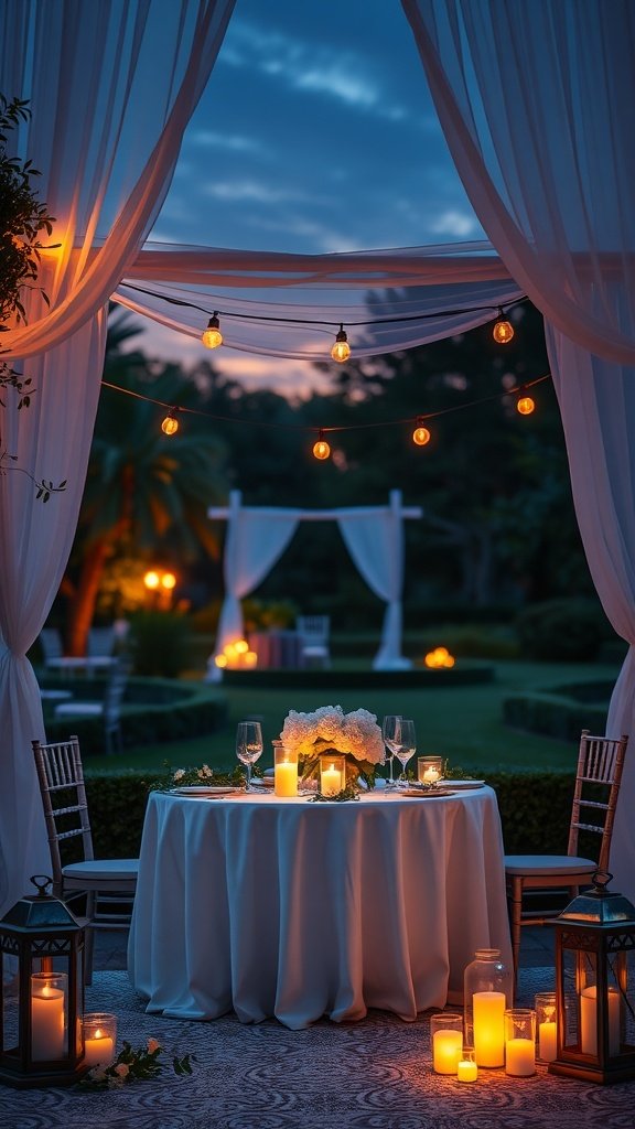 Romantic wedding table settings with a glowing canopy, candles, and elegant decor in a garden at twilight.