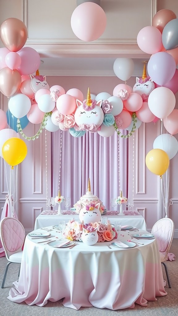 A beautifully decorated unicorn-themed birthday party with pastel balloons, a pink tablecloth, and unicorn plushies.