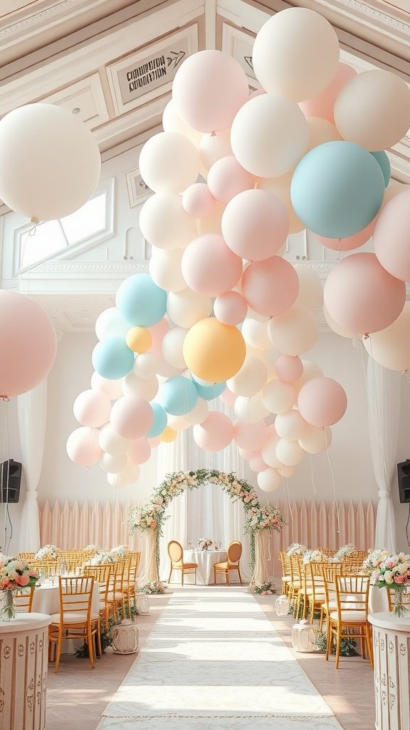 A wedding venue decorated with pastel balloons and floral arrangements, creating a romantic atmosphere.
