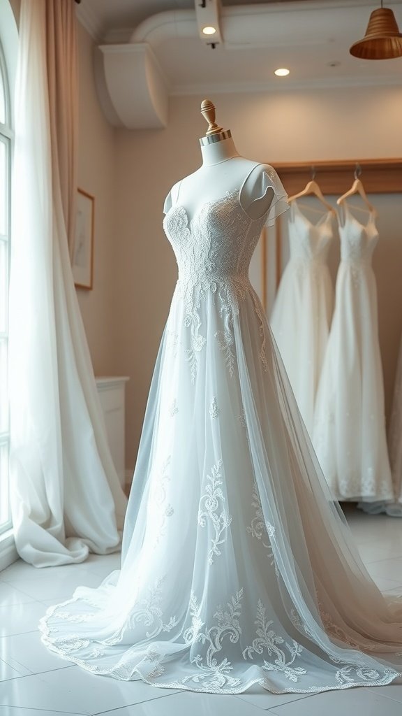 A beautiful ethereal lace and tulle wedding gown displayed on a mannequin, showcasing intricate detailing and a flowing silhouette.