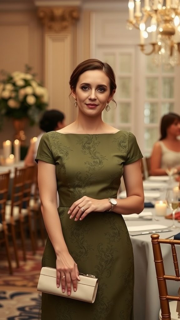 A woman in an olive green dress standing elegantly at a wedding venue