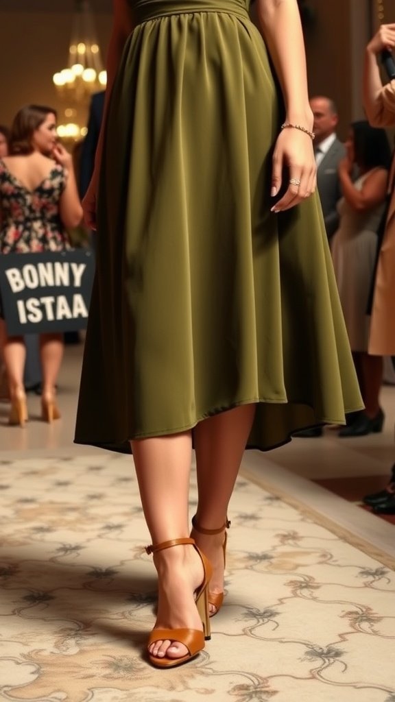 A woman wearing an olive green dress with brown heels at a wedding.