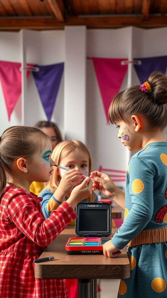 Children enjoying a face painting station at a birthday party.