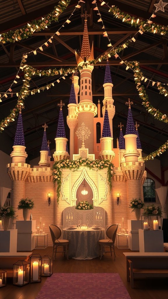 A beautifully decorated bridal shower venue with a fairy tale castle backdrop, elegant tables, and soft lighting.