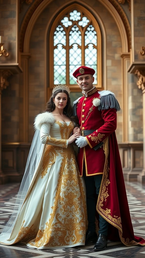 A couple dressed as fairy tale royalty in a regal setting with a grand castle in the background.