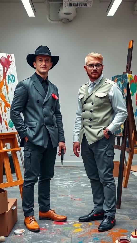 Two men dressed as famous artists in a colorful art studio.