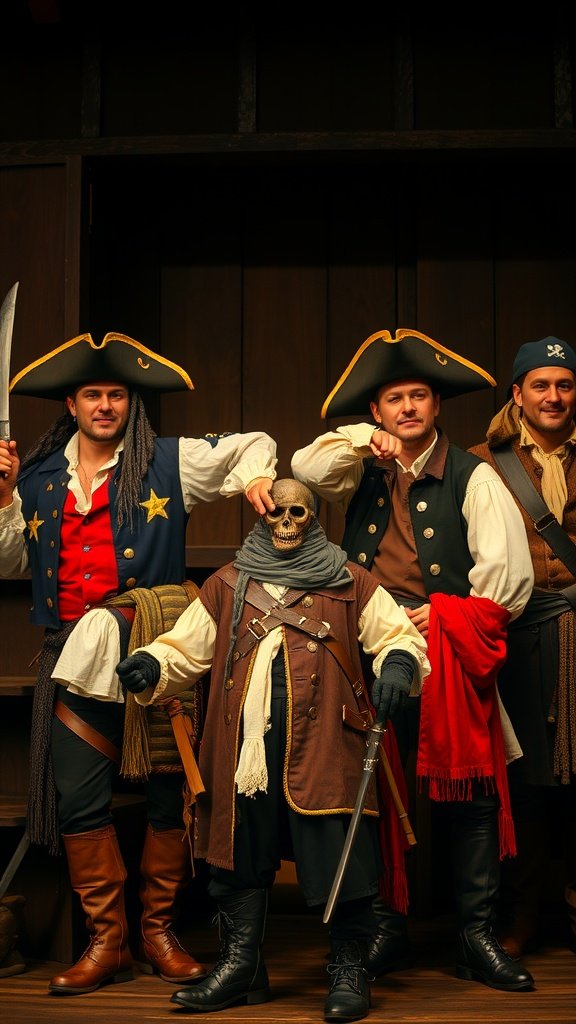 A group of men dressed in colorful pirate costumes posing with a skeleton