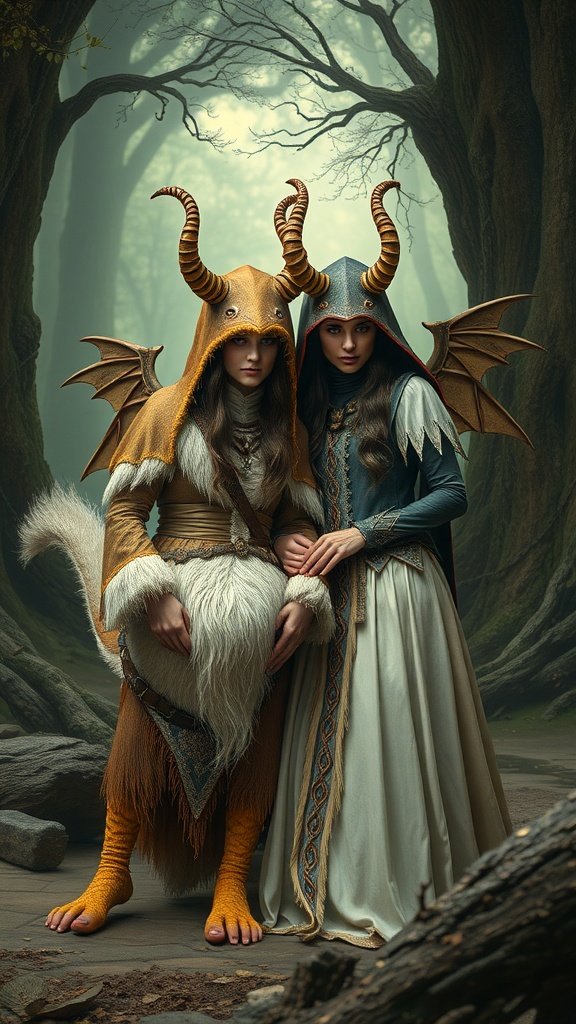 A couple dressed in fantasy costumes, one resembling a horned beast and the other a winged character, set in a mystical forest.