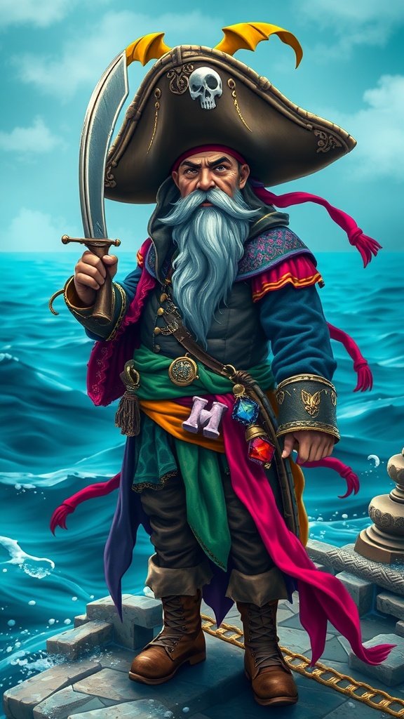 A pirate character holding a sword, dressed in a colorful costume with a detailed hat and boots, standing by the water.