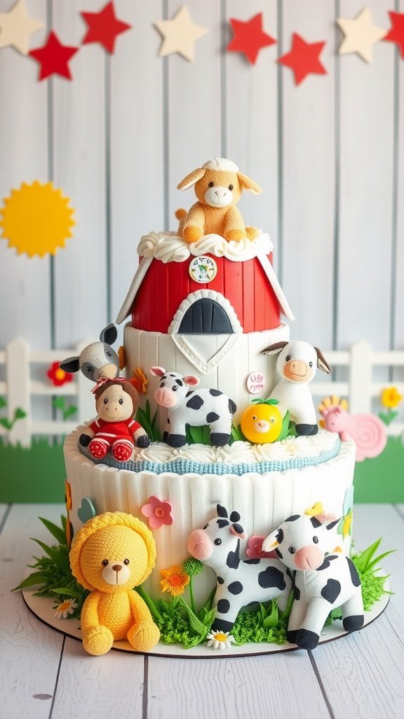 A Farmyard Friends Diaper Cake with plush animals and vibrant decorations, designed for a baby boy.