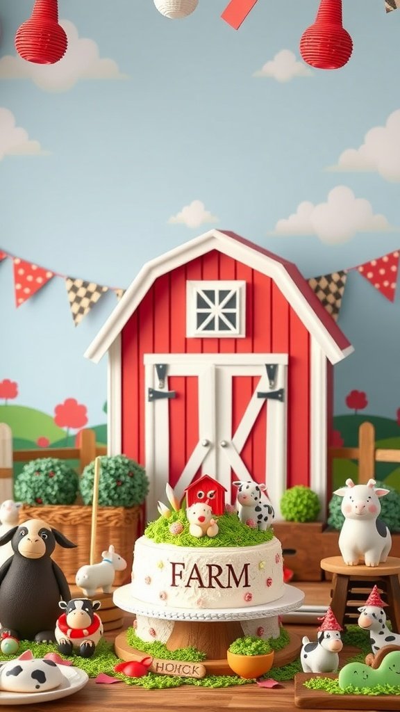 A festive farmyard themed birthday setup with a cake and farm animal decorations.