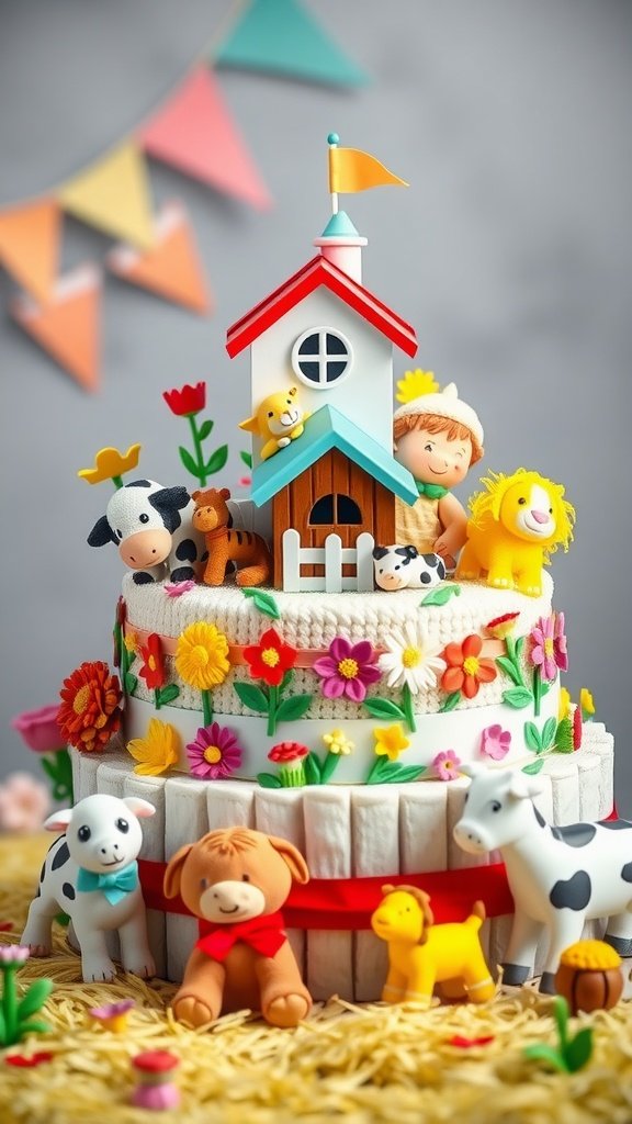 A colorful Farmyard Fun Diaper Cake with a farmhouse, flowers, and animal figures.