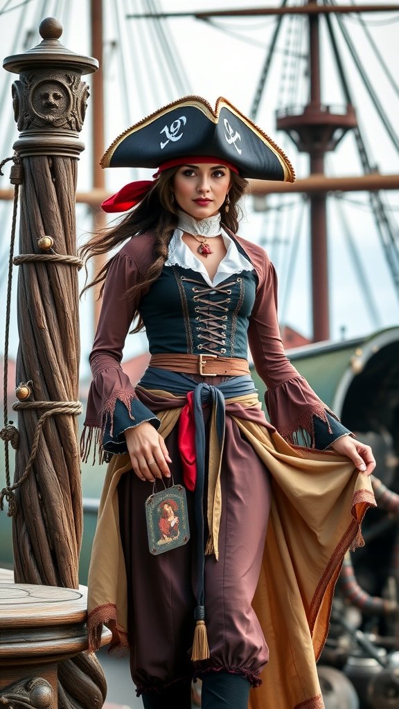 A woman wearing a pirate costume with a hat, a lace-up blouse, and a flowing skirt, standing near a ship.