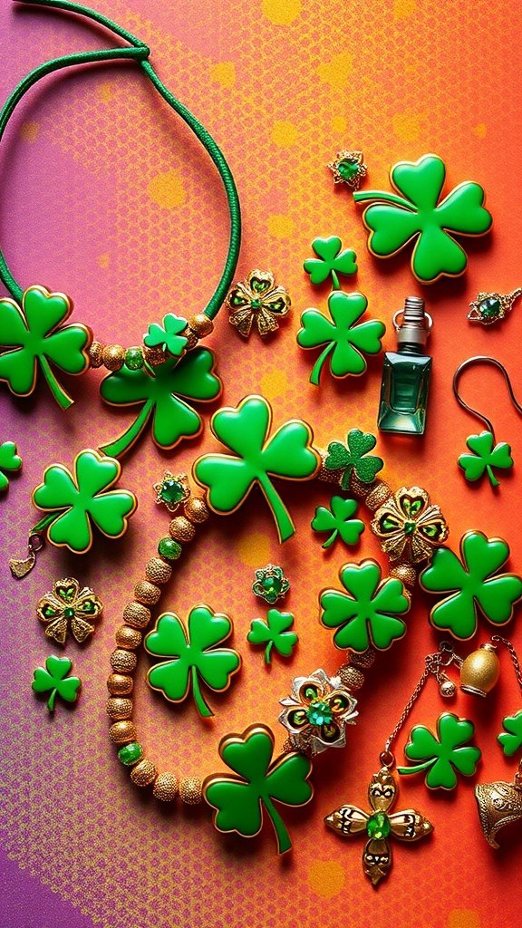 A collection of green shamrock-themed jewelry and accessories for St. Patrick's Day.