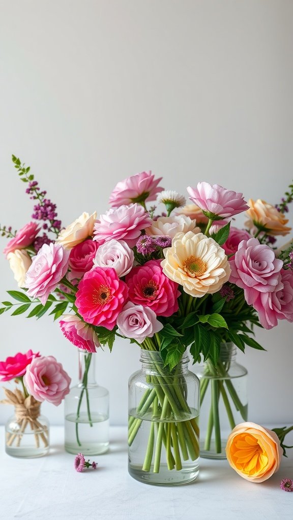 A beautiful display of colorful flowers in glass vases for a floral arrangement workshop.